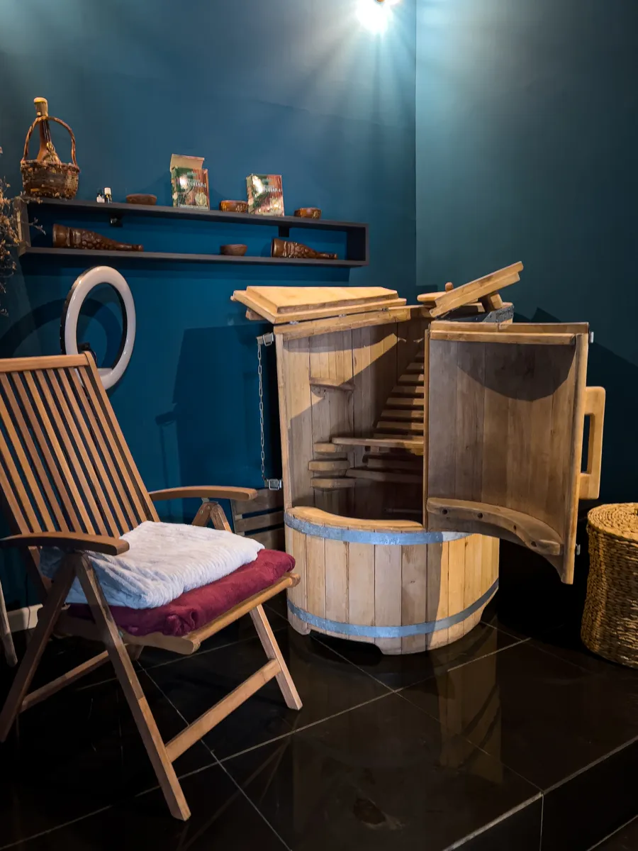 Relax zone with the cedar barrel · TO BE Tbilisi